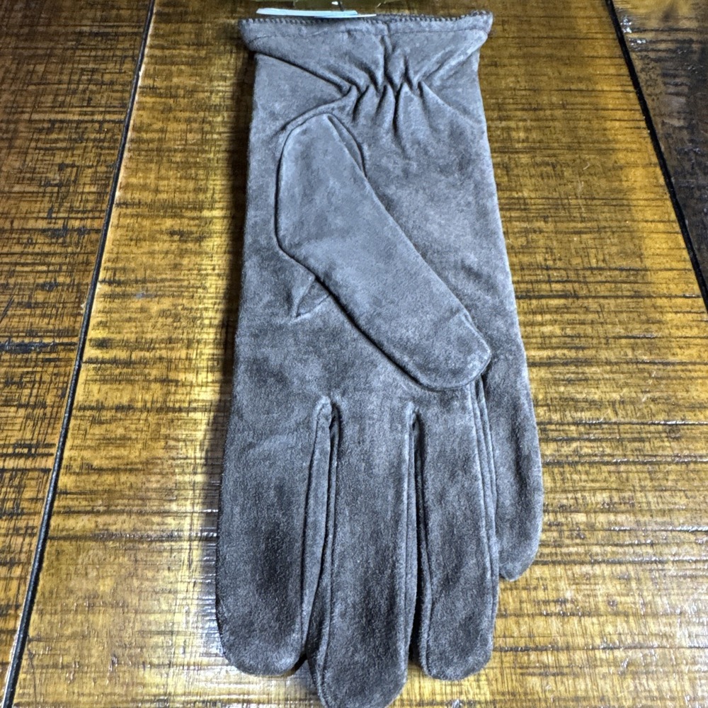 Vintage NOS Women's Isotoner Brown Suede Gloves Knit Lined 1998 Water Resistant - Picture 2 of 6